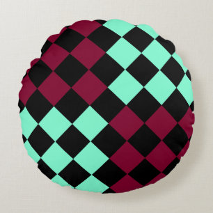 Aquamarine Burgundy Chequered Diamond Pattern Round Cushion