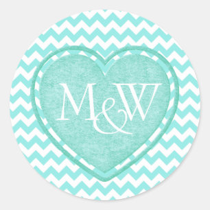 Aquamarine Chevron Monogram Wedding Classic Round Sticker