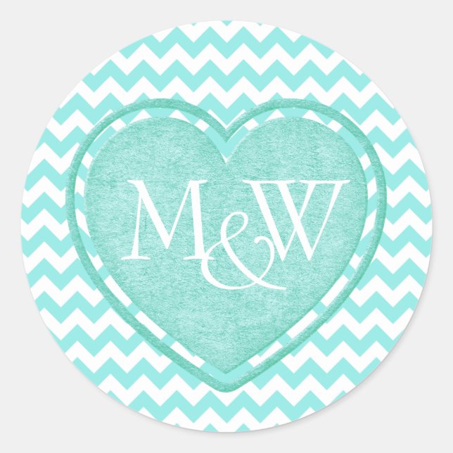 Aquamarine Chevron Monogram Wedding Classic Round Sticker (Front)