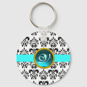 AQUAMARINE DAMASK MONOGRAM,blue turquase Key Ring