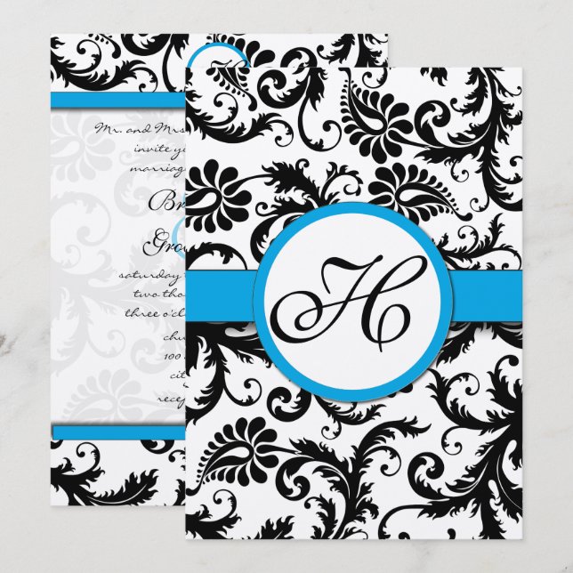Aquamarine Damask Swirls Wedding Invitation (Front/Back)