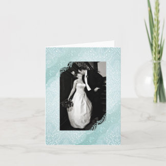 Aquamarine Damask Wedding Photo Thank You Card
