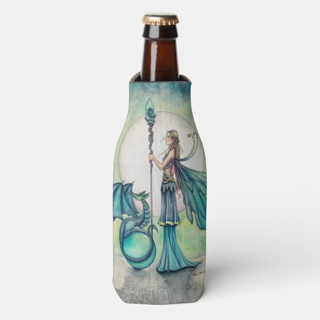Aquamarine Dragon Fantasy Fairy Art Bottle Cooler (Bottle Front)
