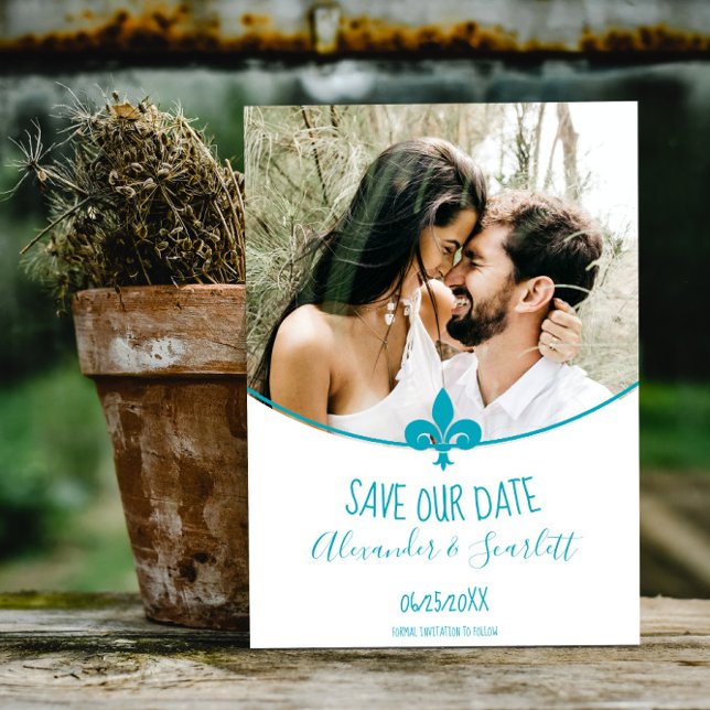 Aquamarine Fleur de Lis Photo Save The Date Announcement (Aquamarine Fleur de Lis Photo Save the Date)