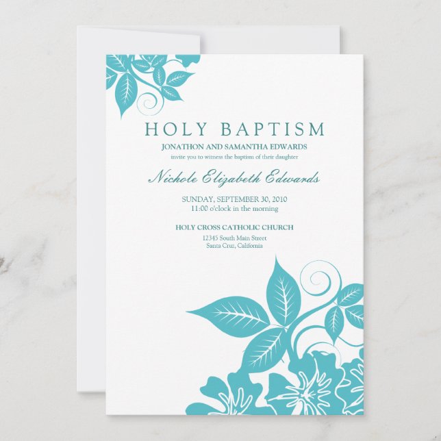 Aquamarine Floral Holy Baptism Invitation (Front)
