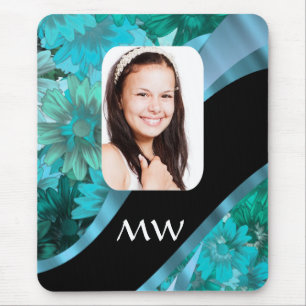 Aquamarine floral personalised photo mouse mat