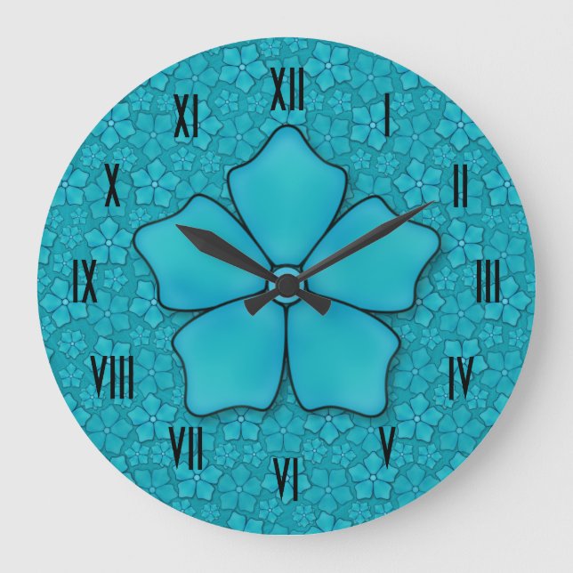Aquamarine flower petals large clock (Front)