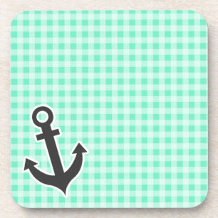 Aquamarine Gingham; Nautical Anchor Coaster