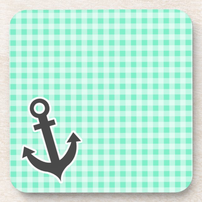 Aquamarine Gingham; Nautical Anchor Coaster (Front)