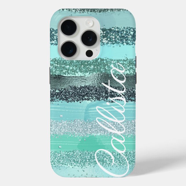 Aquamarine Green Blue Glitter Brushstrokes Stripes Case-Mate iPhone Case (Back)
