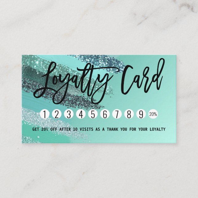 Aquamarine Green Blue Glitter Painted Brushstrokes Loyalty Card (Front)