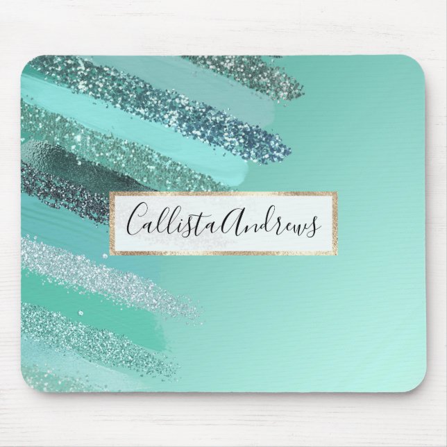 Aquamarine Green Blue Glitter Painted Brushstrokes Mouse Mat (Front)