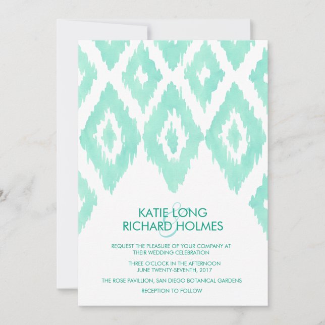 Aquamarine Green Ikat Wedding Invitation (Front)