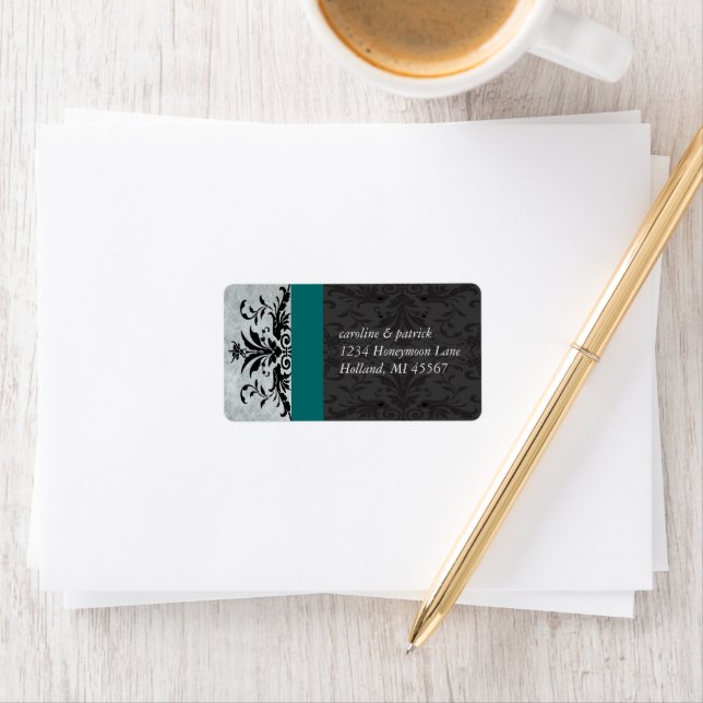 Aquamarine Grey Damask  Address Labels - (Insitu)