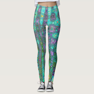 Aquamarine Groovy Abstract Retro Atomic Waves Leggings