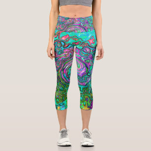 Aquamarine Groovy Abstract Retro Liquid Swirl Capri Leggings