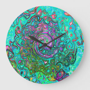 Aquamarine Groovy Abstract Retro Liquid Swirl Large Clock