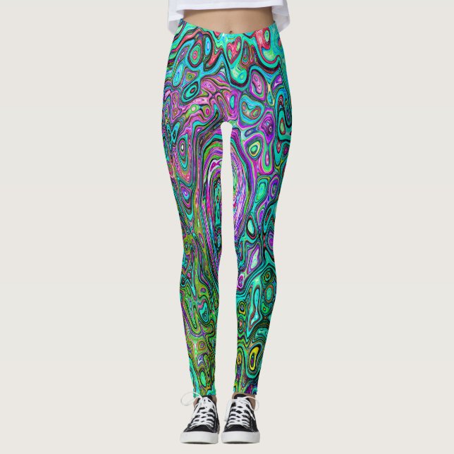 Aquamarine Groovy Abstract Retro Liquid Swirl Leggings (Front)