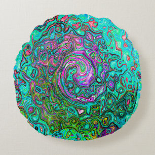 Aquamarine Groovy Abstract Retro Liquid Swirl Round Cushion
