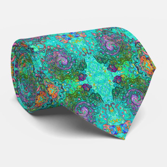 Aquamarine Groovy Abstract Retro Liquid Swirl Tie (Rolled)