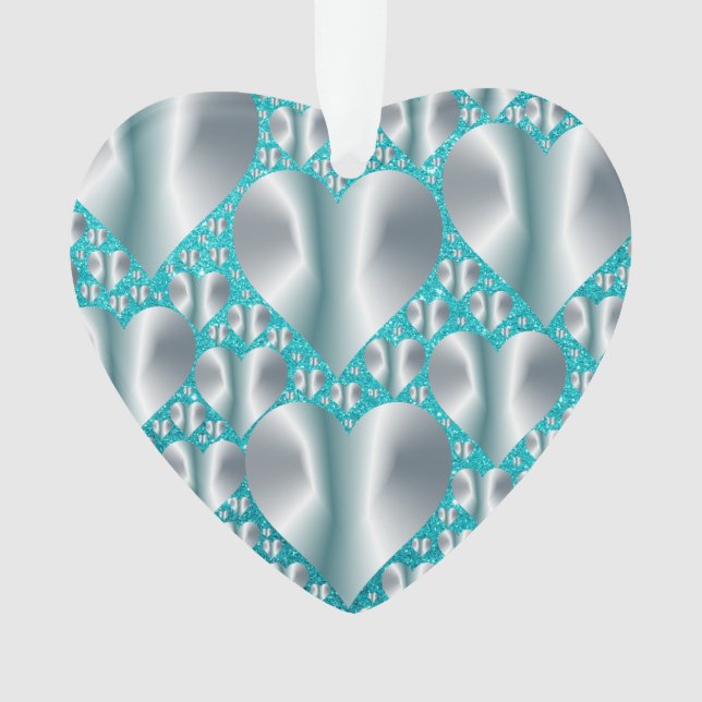 Aquamarine Hearts Turquoise Faux Glitter Ornament (Front)