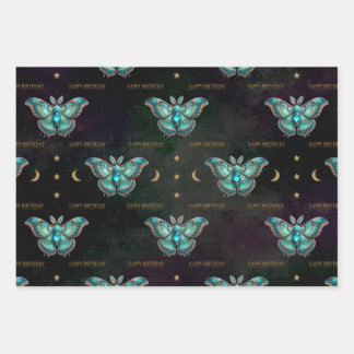 Aquamarine March Birthstone Moth Happy Birthday Wrapping Paper Sheet