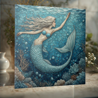 Aquamarine Mermaid Ocean Mosaic Luminous Coral Art Tile