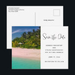 Aquamarine Ocean Tropical Beach Scenic Announcement Postcard<br><div class="desc">Save the date postcard with a beautiful photograph. A scenic tropical beach with aquamarine water and a white sandy beach with a lush forest in the back. A solitary umbrella available for those who love seclusion.</div>