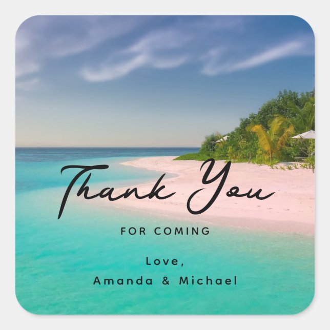 Aquamarine Ocean Tropical Beach Wedding Thank You Square Sticker (Front)