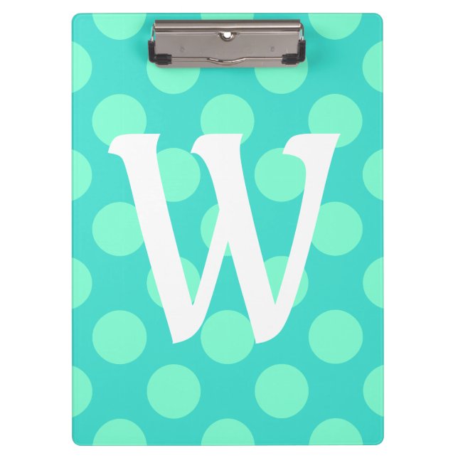 Aquamarine Polka Dot Single Letter Monogram Clipboard (Front)