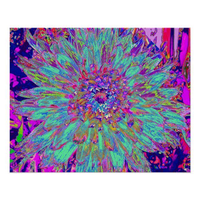 Aquamarine Rainbow Colour Abstract Dahlia Flower Poster (Front)