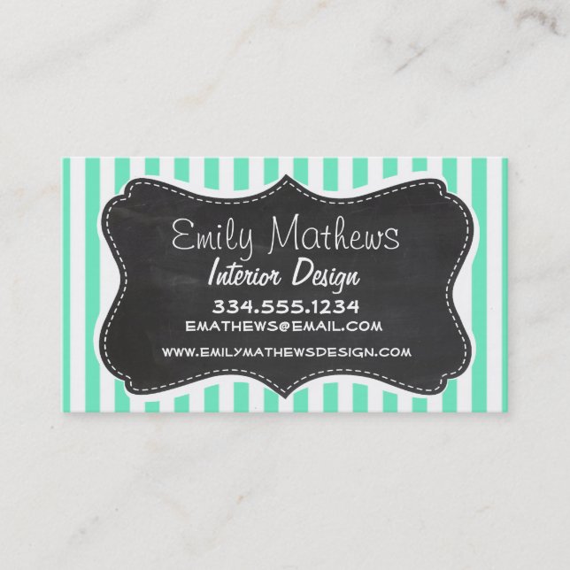 Aquamarine Seafoam Green Stripes; Chalkboard look Business Card (Front)