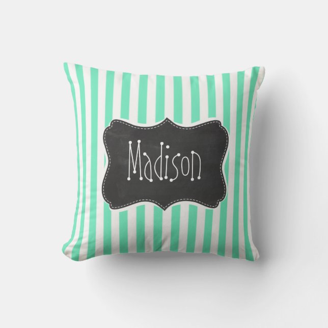 Aquamarine Seafoam Green Stripes; Chalkboard look Cushion (Front)