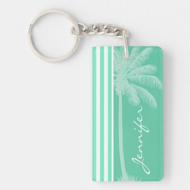 Aquamarine Seafoam Green Stripes; Retro Palm Tree Key Ring (Front)