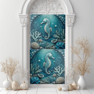 Aquamarine Seahorse Coastal Seashells Corals Reef  Tile
