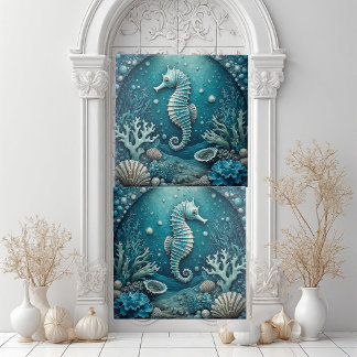Aquamarine Seahorse Coastal Seashells Corals Reef  Tile