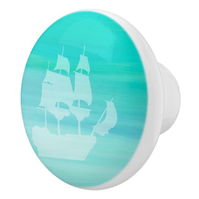 Aquamarine turquoise sea water with a sailing ship ceramic knob (Right)