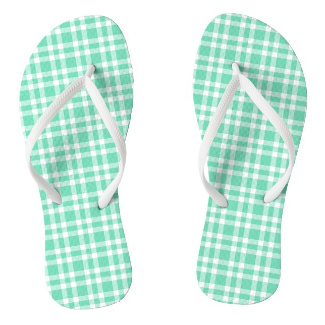 Aquamarine White Plaid Pattern Flip Flops (Footbed)