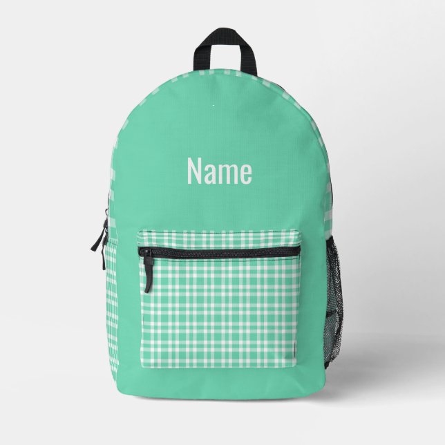 Aquamarine White Plaid Personalize Pattern Printed Backpack (Front)