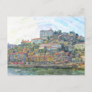 Aquarell. Blick über den Douro nach Porto Portugal Postcard