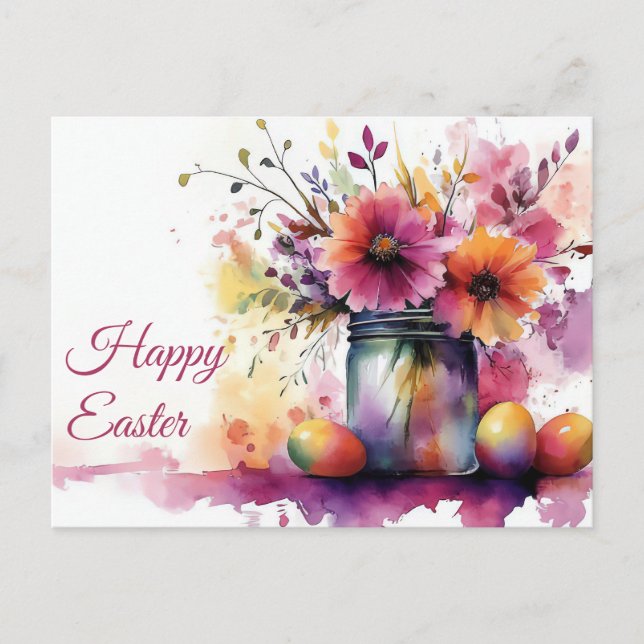 Aquarell Easter postcard with Easter eggs and flow (Front)