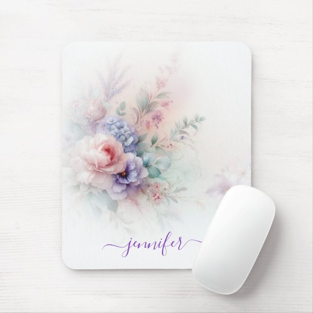 Aquarell Floral Pastel Colours Script Name Vertica Mouse Mat (With Mouse)