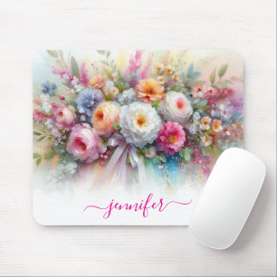 Aquarell Flowers Calligraphy Script Your Name Mouse Mat