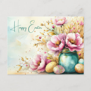 Aquarell Oster Postkarte mit Ostereiern und Blumen Postcard