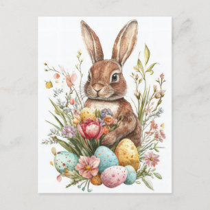 Aquarell Oster Postkarte mit Osterhase und Blumen Postcard