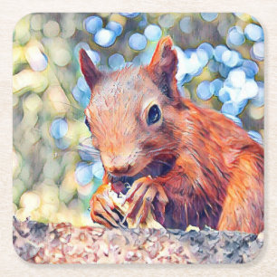 aquarell squirrel square paper coaster