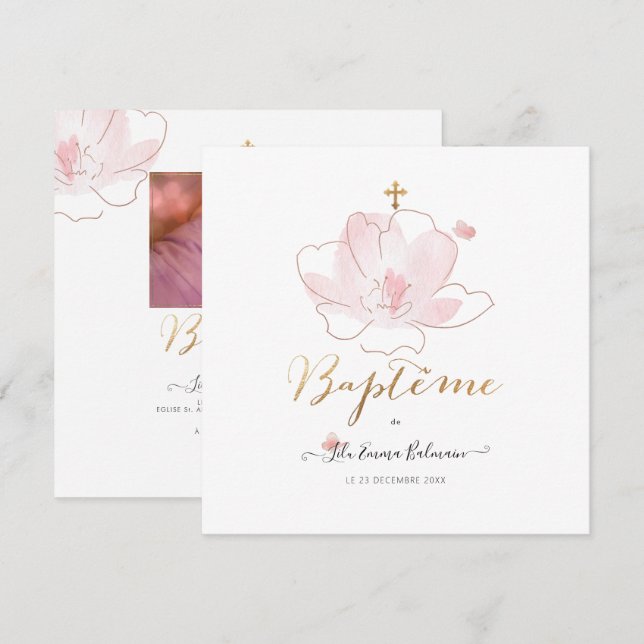 Aquarelle Les Fluers  Faire-part de Baptême Invitation (Front/Back)