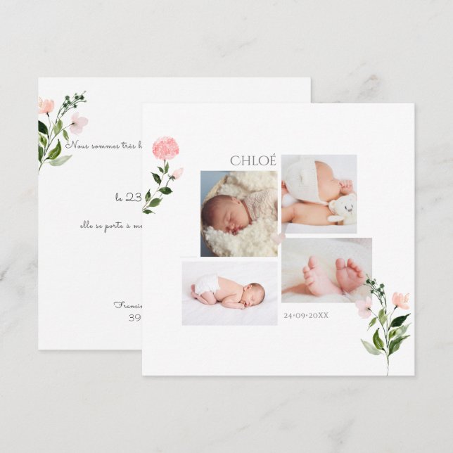 Aquarelle petites fleurs Faire-part de Naissance Invitation (Front/Back)
