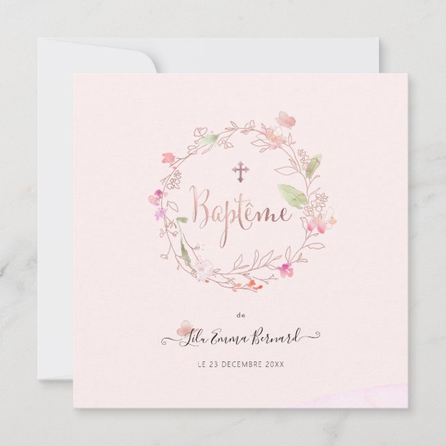 Aquarelle Petites Fluers  Faire-part de Baptême Invitation (Front)