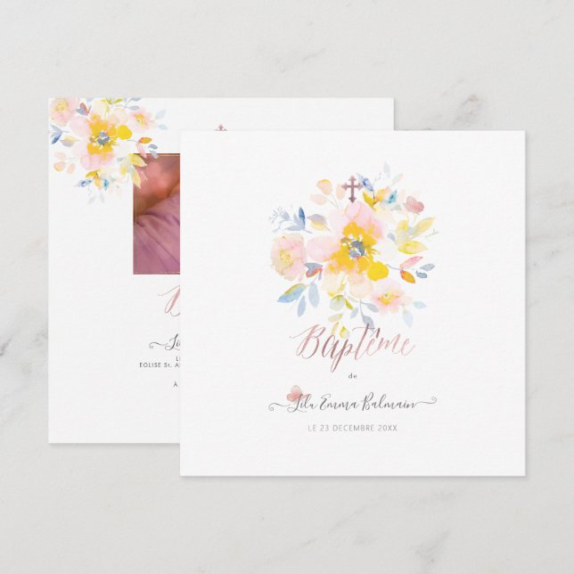 Aquarelle Rose de Jardin Faire-part de Baptême Invitation (Front/Back)
